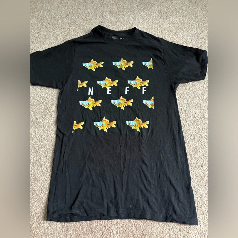 Neff Black Tee with Vibrant Fish Pattern